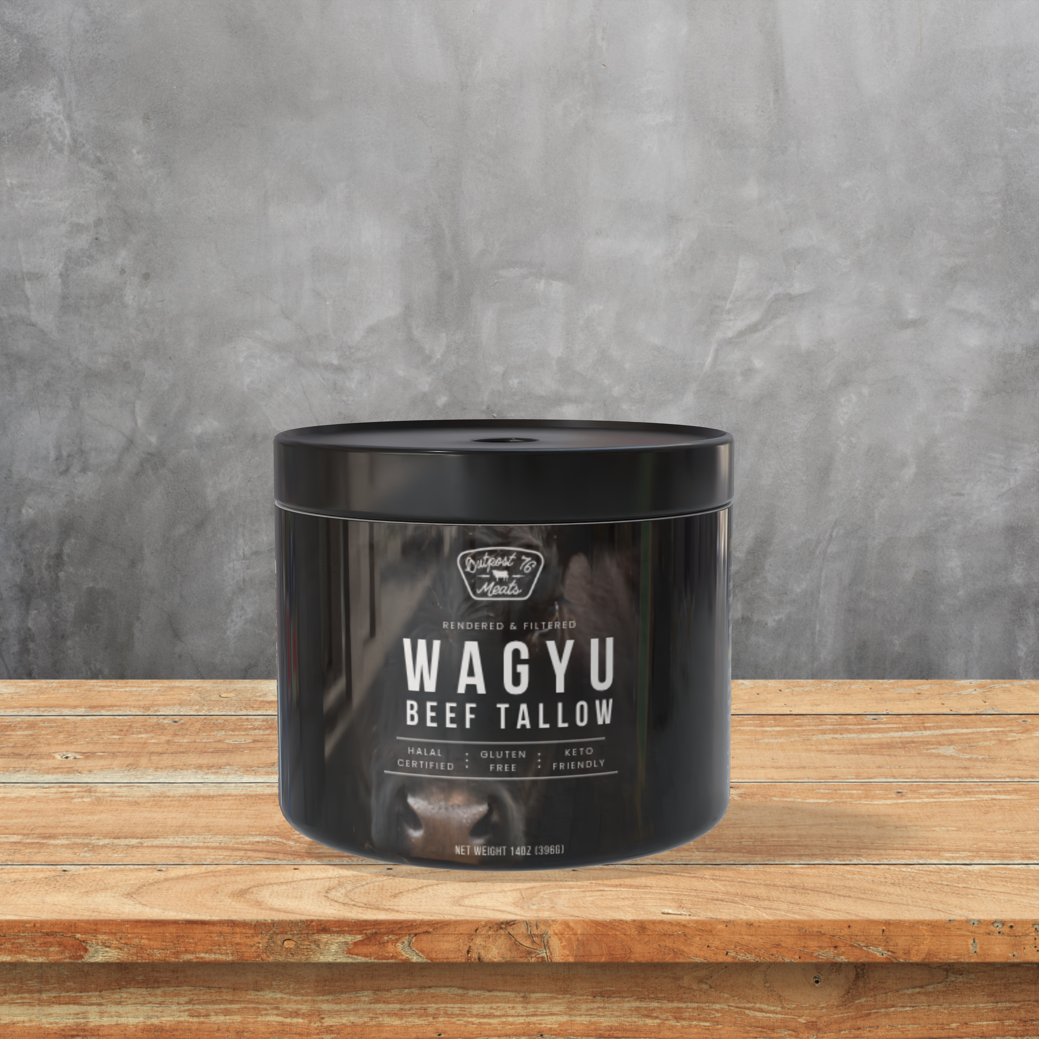 a jar of wagyu beef tallow on a wooden table